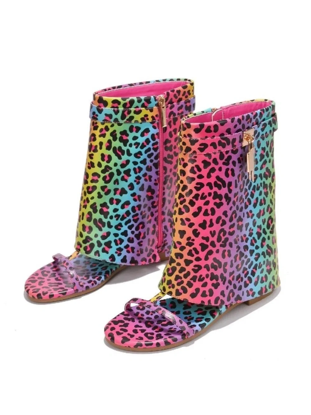 Cape Robbin Rainbow Leopard Print Open-Toe Sandal with Ankle Wrap
